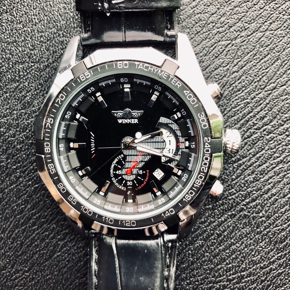 Winner Tm340 Tachymeter Black Leather Watch Gem